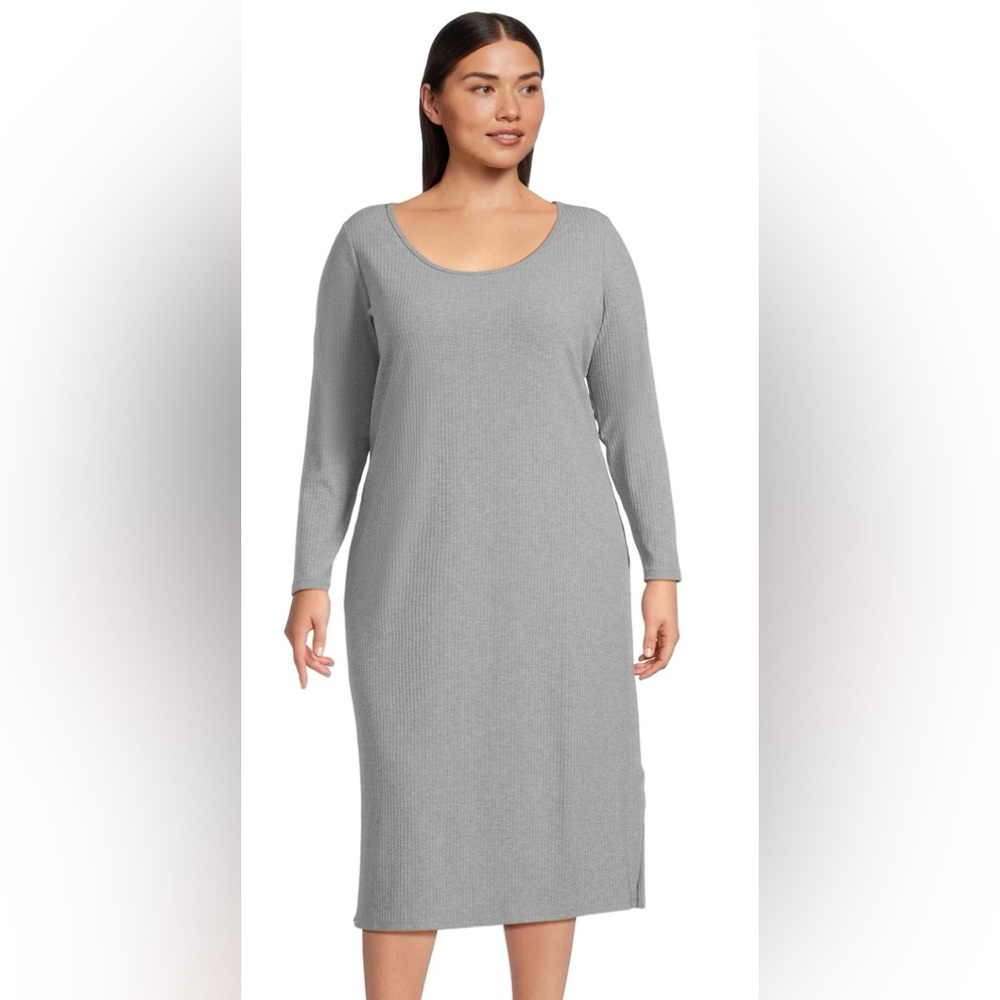 Terra & Sky Ribbed Knit Jersey Long Sleeve Midi Grey Dress ~ Size 0X (14W)